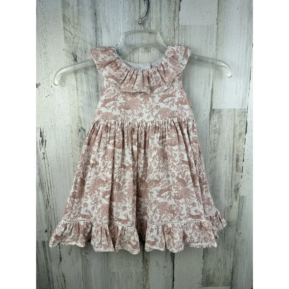Haute Hippie Girl's 4T Dress Sleeveless Pink Toile Easter Bunny Layered Twirl